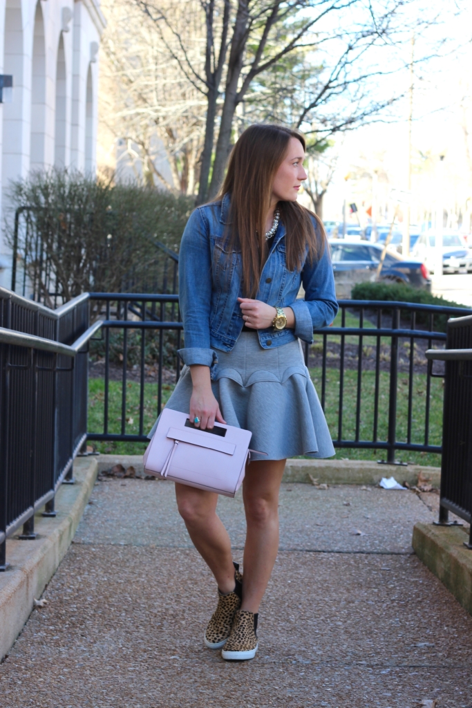 Coach Blush Purse with Gray H&M skirt, Old Navy Denim Jacket and Loeffler Randall Crosby Sneakers