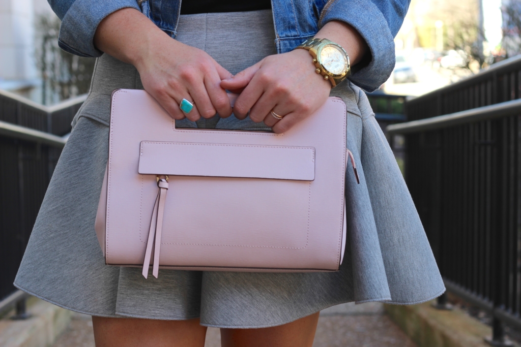 Coach Blush Purse with Gray H&M skirt, Old Navy Denim Jacket and Loeffler Randall Crosby Sneakers