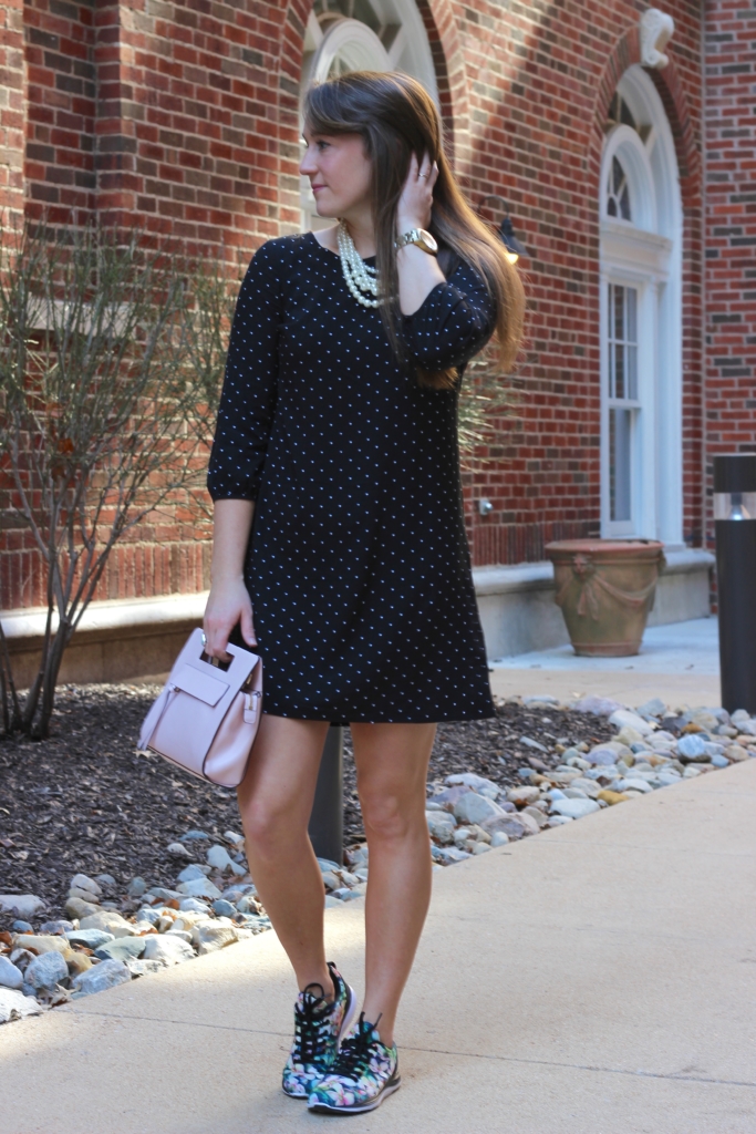 Black and White Polka Dot Dress with Floral Sneakers and Blush Purse