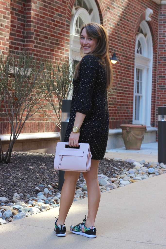 Black and White Polka Dot Dress with Floral Sneakers and Blush Purse