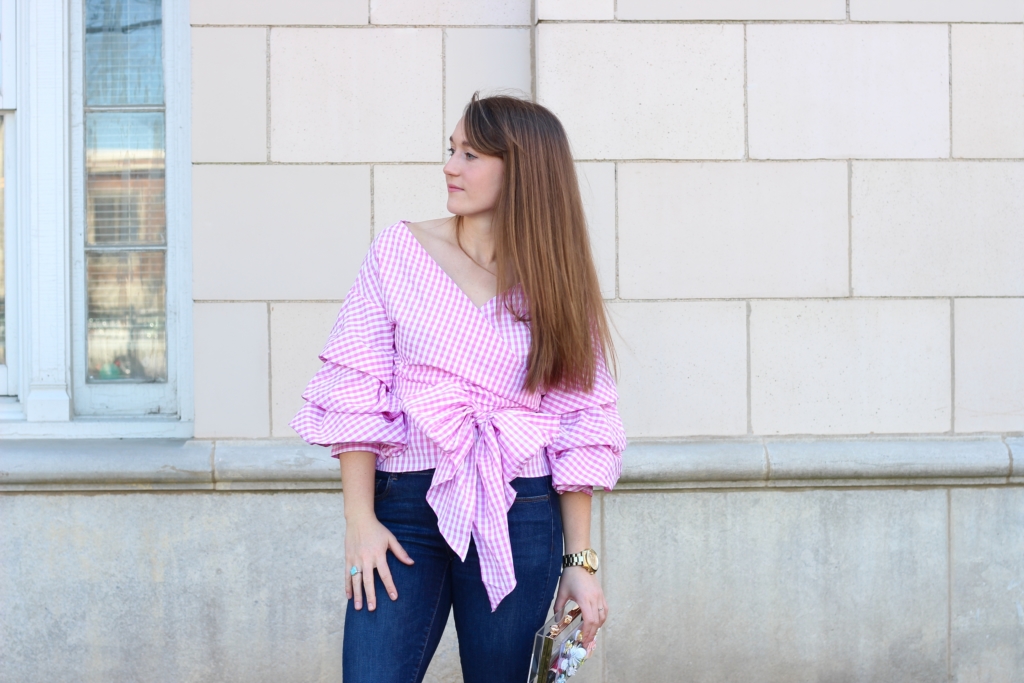 Pink gingham ruffle off the shoulder top with Ann Taylor skinny jeans