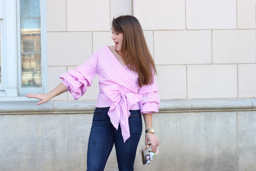 ShopBop Pink gingham ruffle off the shoulder top with Ann Taylor skinny jeans and floral lucite clutch