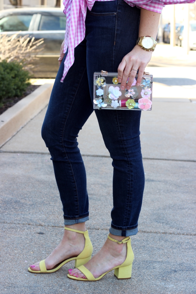 Ann Taylor Modern Skinny Jean with Amazon Floral Lucite Clutch and gold watch