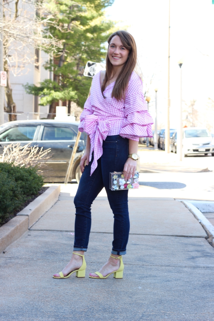 ShopBop Pink gingham ruffle off the shoulder top with Ann Taylor skinny jeans and floral lucite clutch and steve madden irenee heels