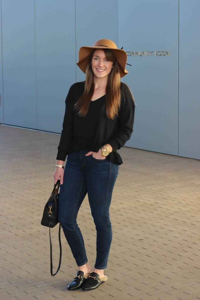 Steve Madden Faux Fur Mules with Ann Taylor Jeans, Black Nordstrom Sweater, Leopard Bag and Floppy Hat