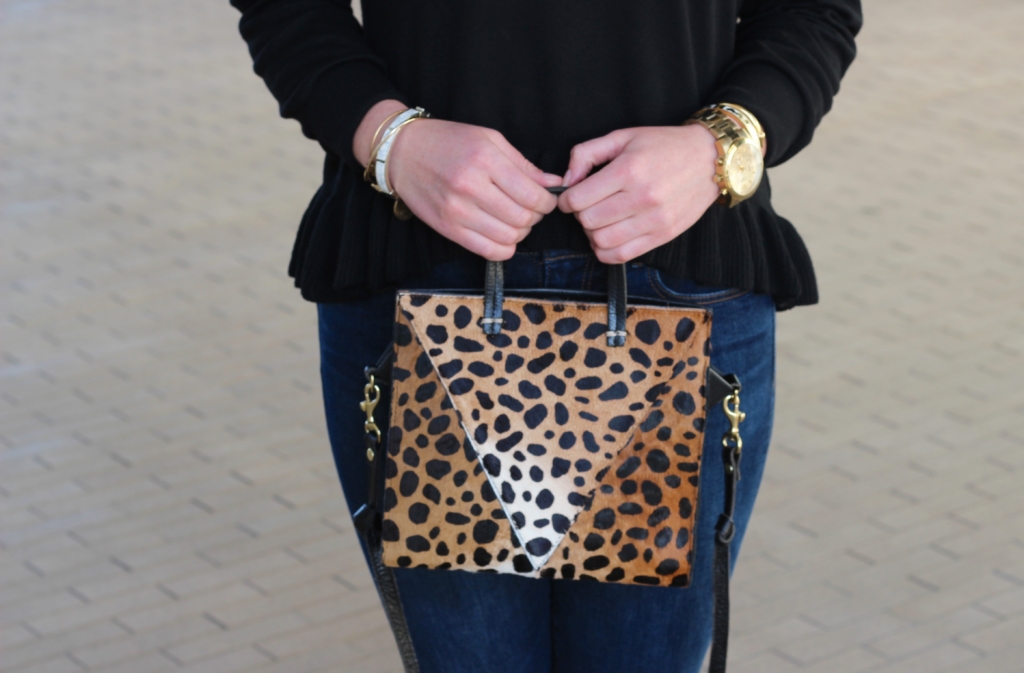 Clare V Leopard Mini Tote with Ruffle Hem Sweater and Ann Taylor Jeans