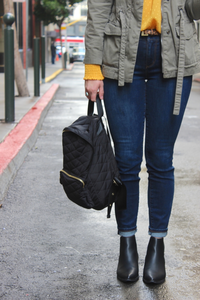 English factory mustard blouse with Gap Utility Jacket, Ann Taylor Jeans and Old Navy booties in San Francisco 