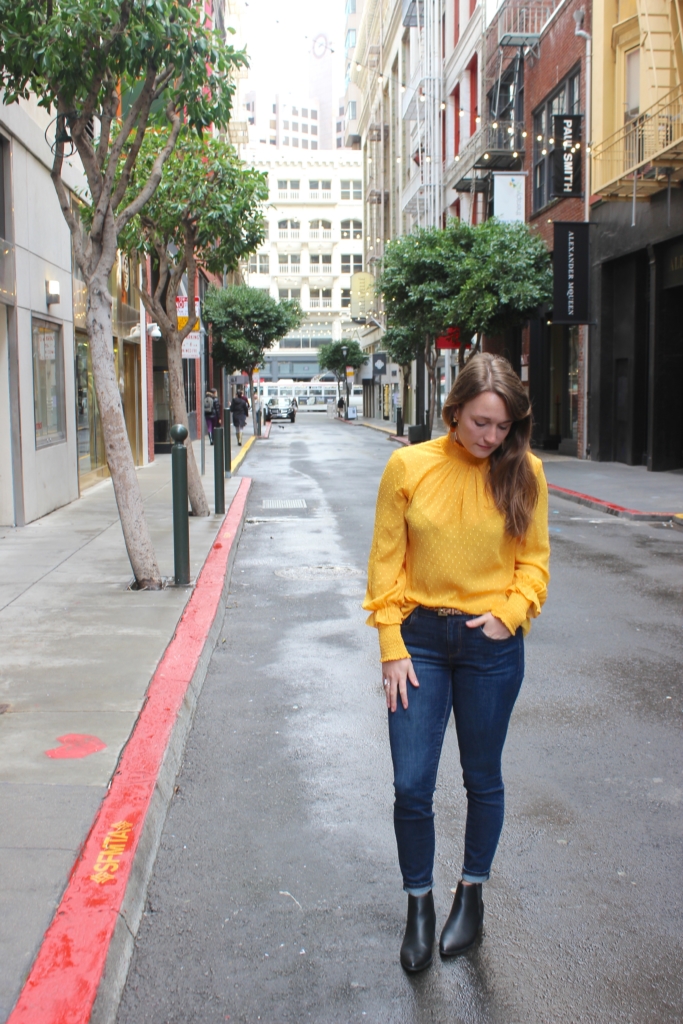 English factory mustard blouse with Ann Taylor Jeans and Old Navy booties in San Francisco 