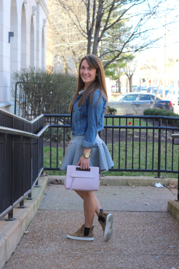 Coach Blush Purse with Gray H&M skirt, Old Navy Denim Jacket and Loeffler Randall Crosby Sneakers