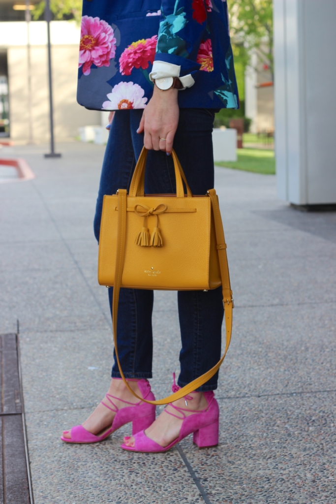 Floral Blazer with Kate Spade Small Isobel in Saffron, Ann Taylor Modern Skinny jean with Daniel Wellington Watch