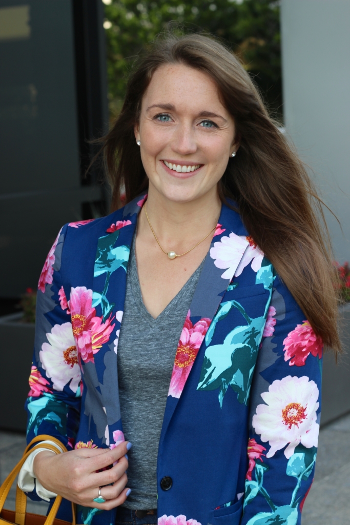 Floral Banana Republic Blazer with Gray Tee and Pearl Necklace