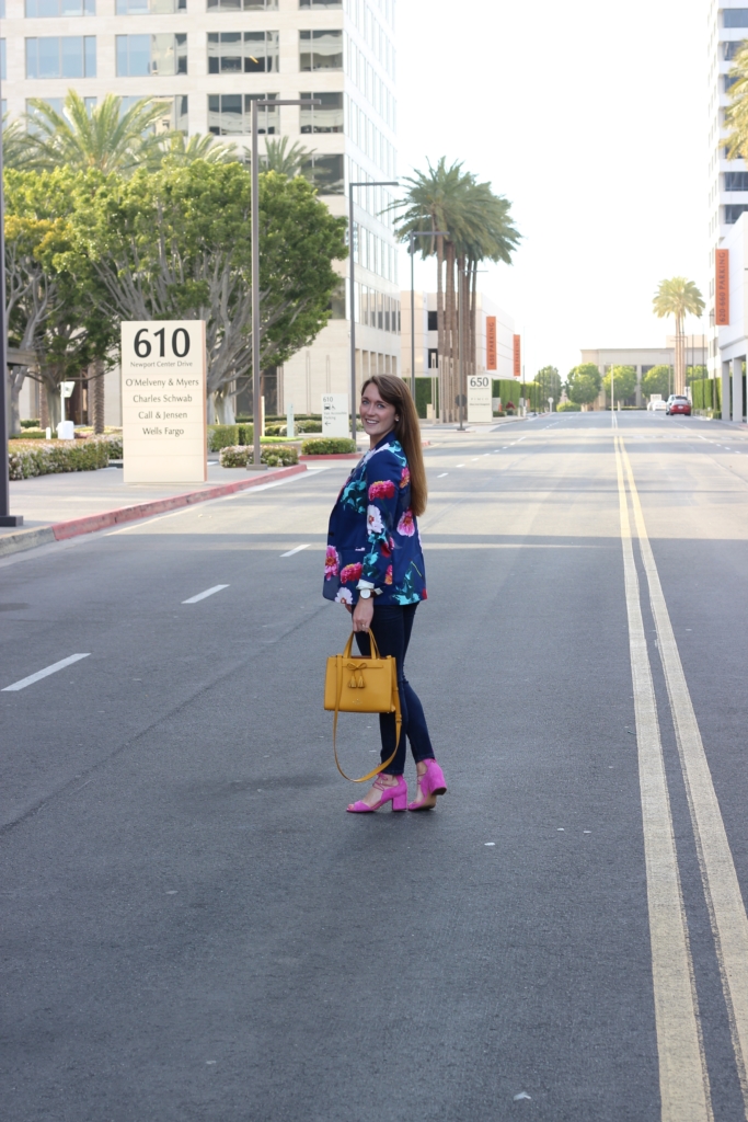 Floral Blazer with Kate Spade Small Isobel in Saffron, Ann Taylor Modern Skinny jean with Daniel Wellington Watch