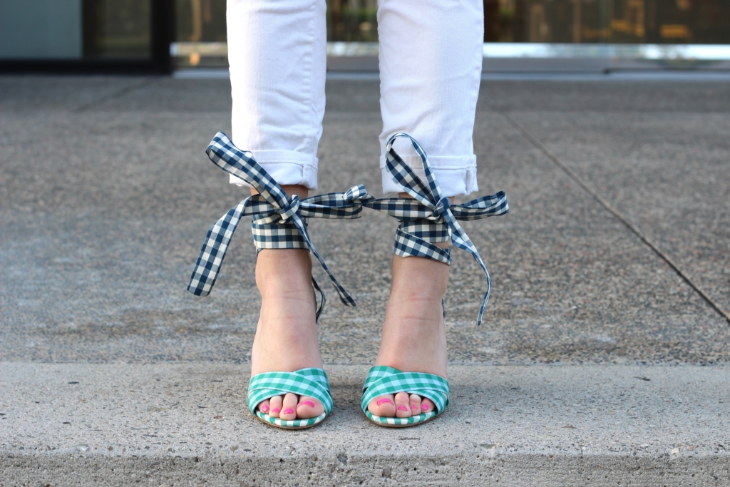 J.Crew Gingham Wrap heels with white skinny jeans