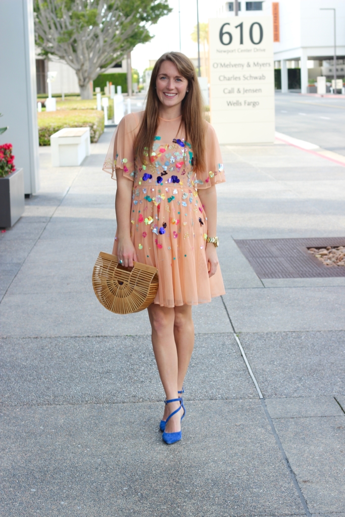 ASOS embellished dress with Cult Gaia Ark Bag and Blue Aldo Heels 