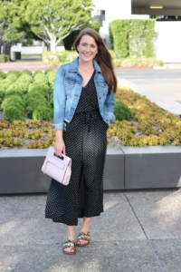 Polka Dot Culotte Jumpsuit with Denim Jacket, Blush Clutch and Sam Edelman Sandals