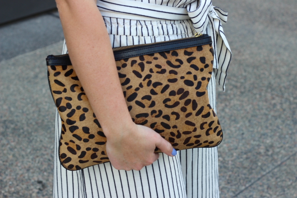 GAP black and white striped jumpsuit with Leopard Clutch 