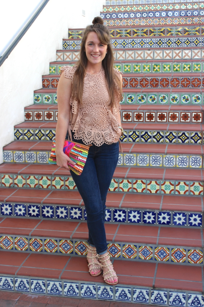 ShopBop lace top with Ann Taylor Jeans and Sam Edelman Eavan Sandal in Santa Barbara CA