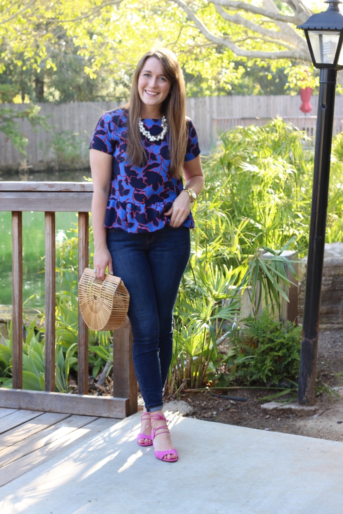 Cult Gaia Ark with Floral Peplum Top, Ann Taylor Modern Skinny Ankle Jeans and Sam Edelman Heels