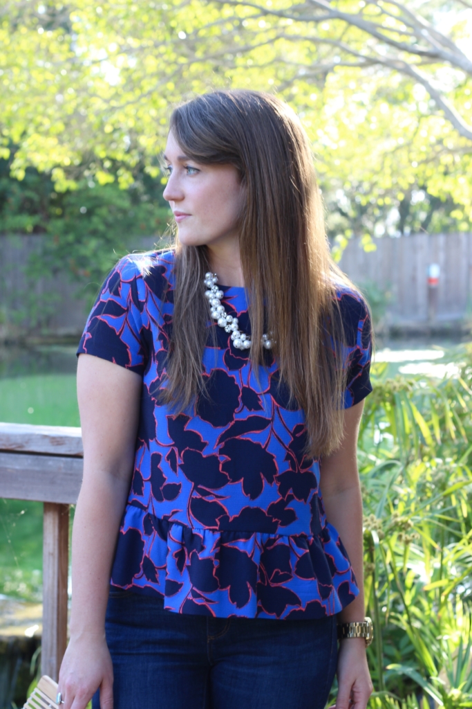 Cult Gaia Ark with Floral Peplum Top, Ann Taylor Modern Skinny Ankle Jeans and Sam Edelman Heels