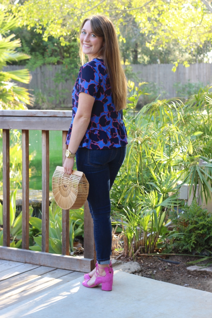 Cult Gaia Ark with Floral Peplum Top, Ann Taylor Modern Skinny Ankle Jeans and Sam Edelman Heels