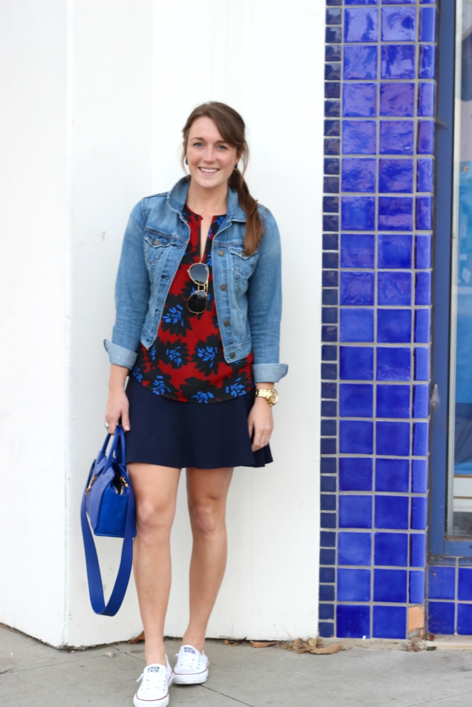 J.Crew Floral Top with Navy Skirt, Denim Jacket, White Converse and Ray Ban Aviators