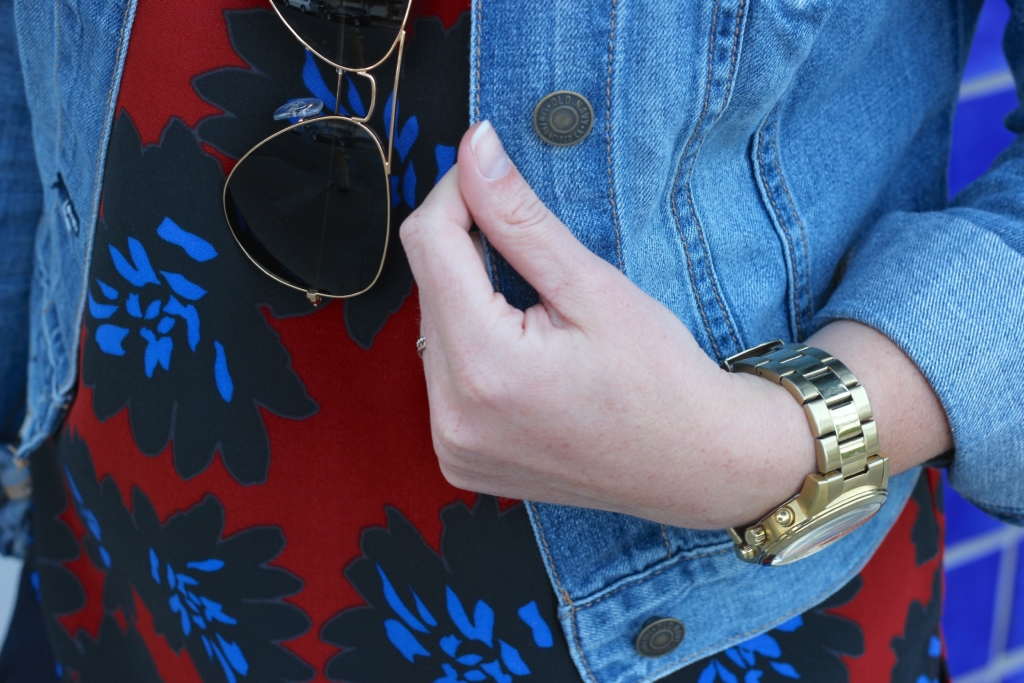 J.Crew Floral Top with Navy Skirt, Denim Jacket, White Converse and Ray Ban Aviators