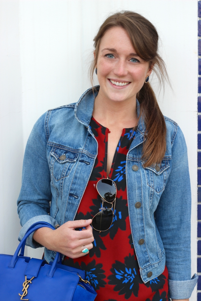 J.Crew Floral Top with Navy Skirt, Denim Jacket, White Converse and Ray Ban Aviators