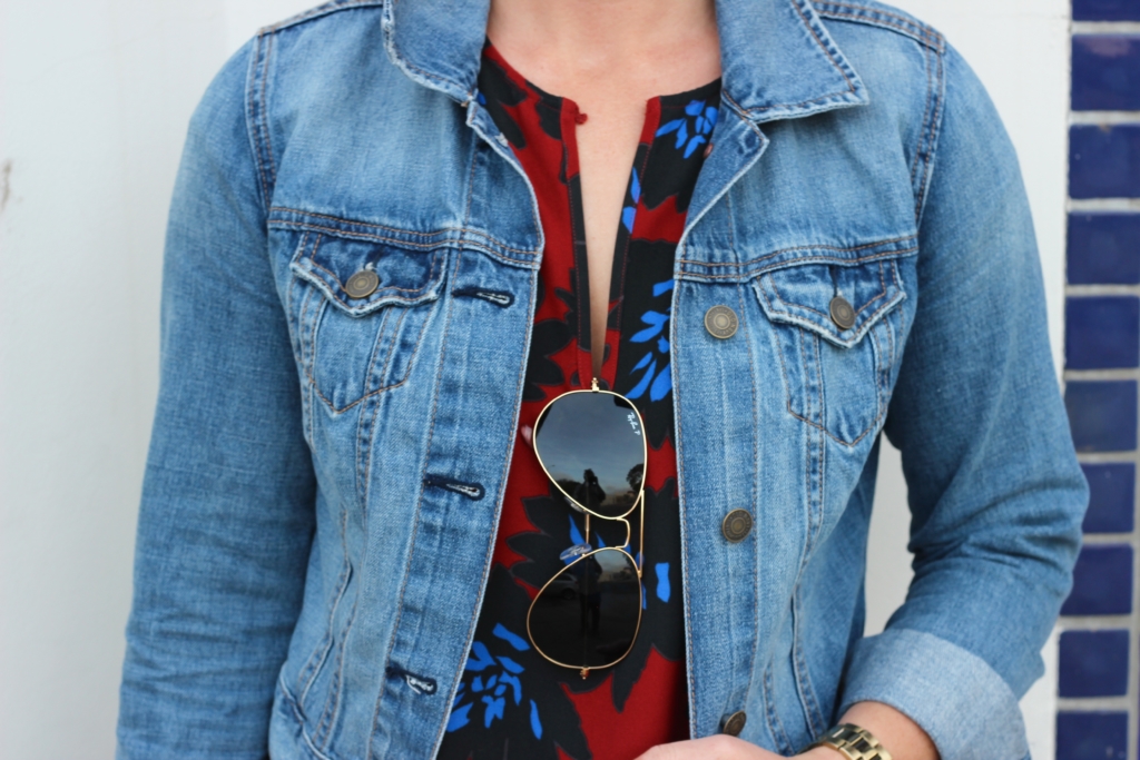 J.Crew Floral Top with Navy Skirt, Denim Jacket, White Converse and Ray Ban Aviators