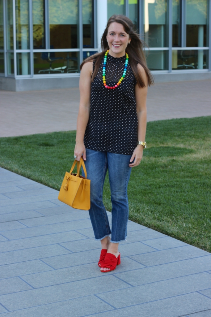 Who What Wear Polka Dot Top with Kate Spade Isobel, Rainbow Necklace, Old Navy Cropped Flare Jeans and Red Anthropologie Mules 