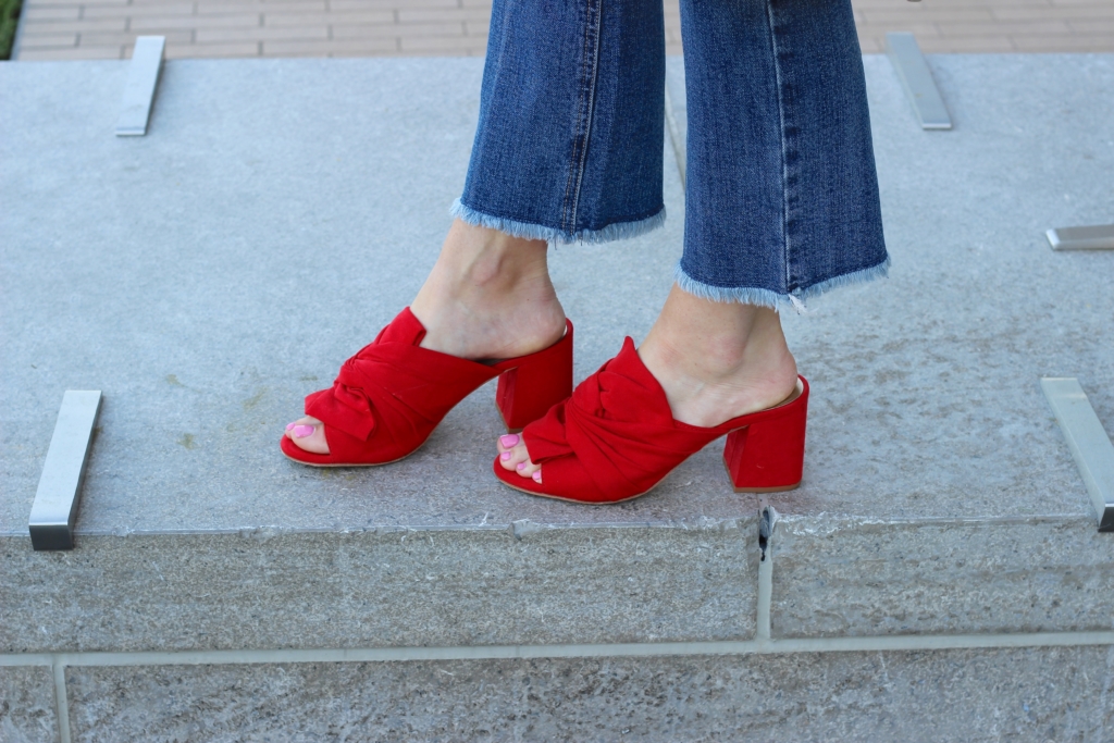 Old Navy Crop Flare jeans with Red Liendo Mules from Anthropologie