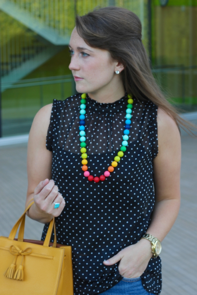 Who What Wear Polka Dot Top with Kate Spade Isobel and Rainbow Necklace