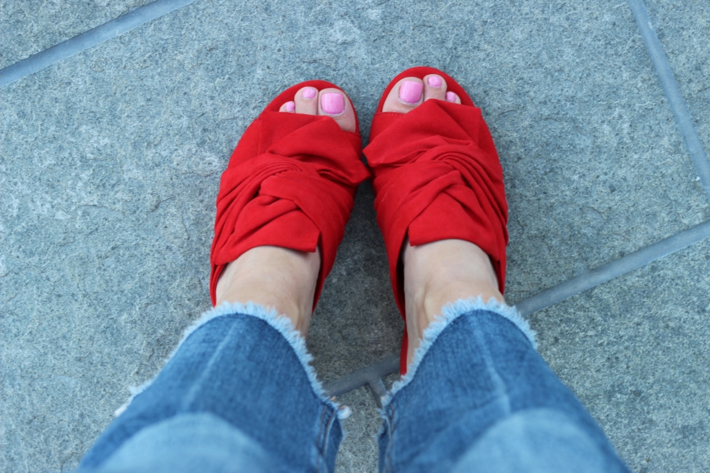 Old Navy Crop Flare jeans with Red Liendo Mules from Anthropologie