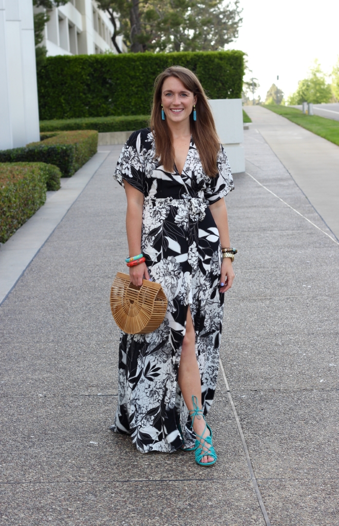 Black and White Floral Maxi Dress with Cult Gaia Ark Clutch, Nine West Heels and Sugarfix earrings