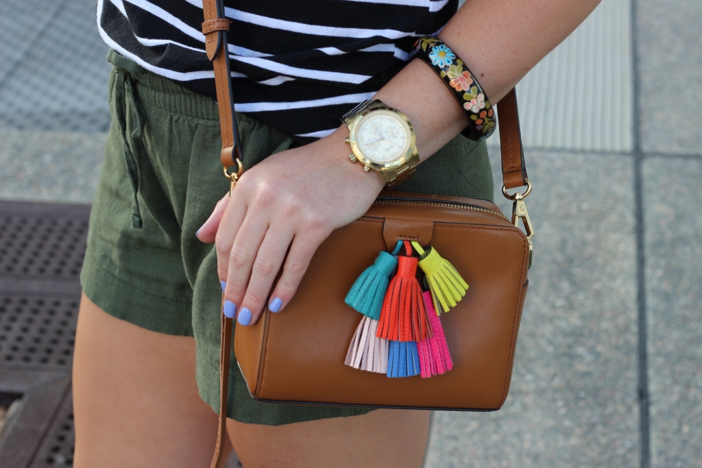 Old Navy Linen Shorts, Striped Tee and Strappy Sandals with Rebecca Minkoff Sofia Crossbody 