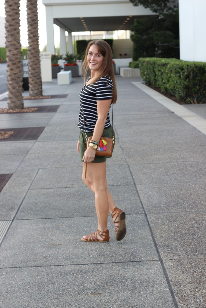 Old Navy Linen Shorts, Striped Tee and Strappy Sandals with Rebecca Minkoff Sofia Crossbody 