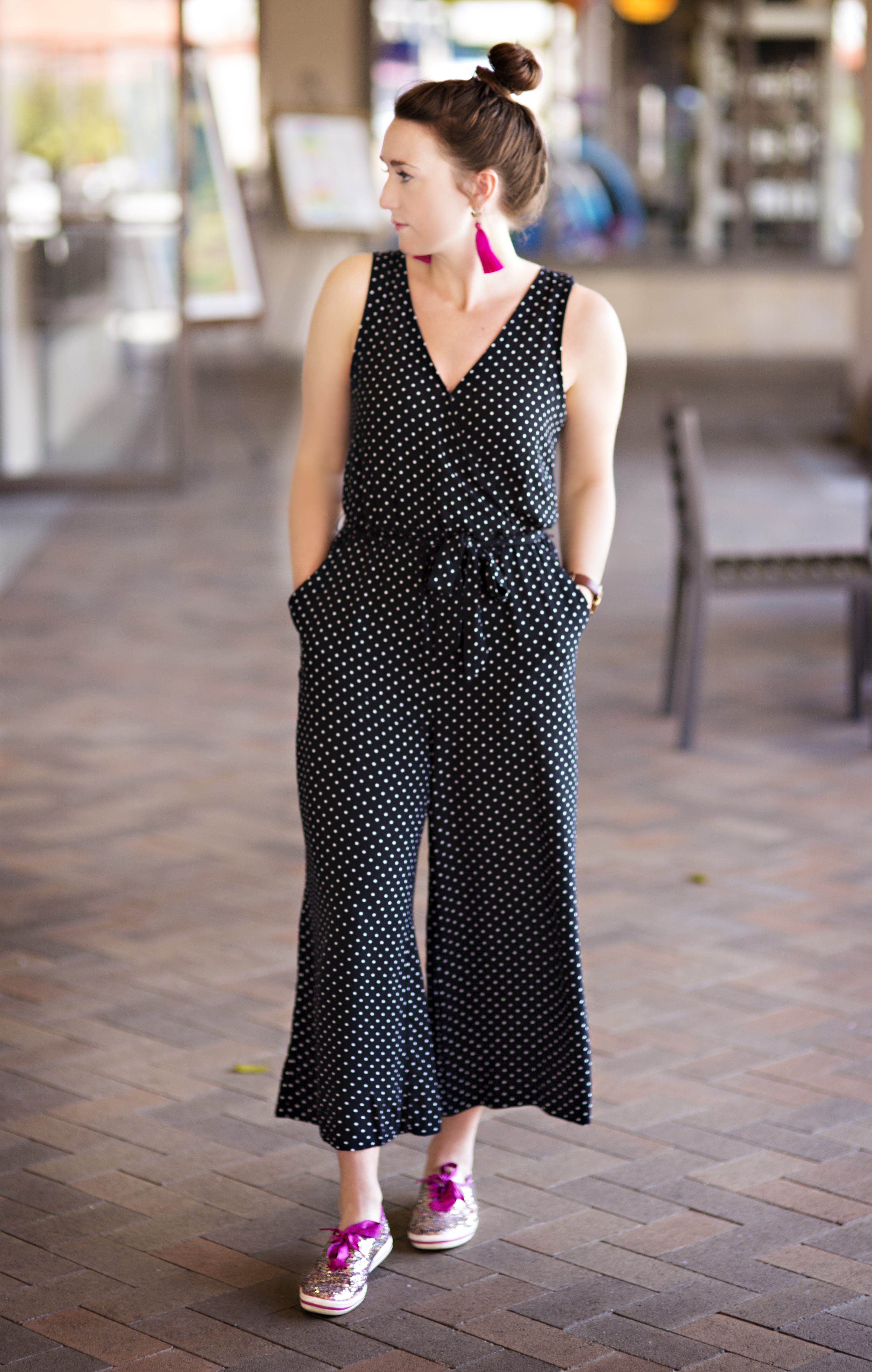 Who what Wear collection Polka Dot Jumpsuit with Kate Spade Sneakers and Tassel Earrings