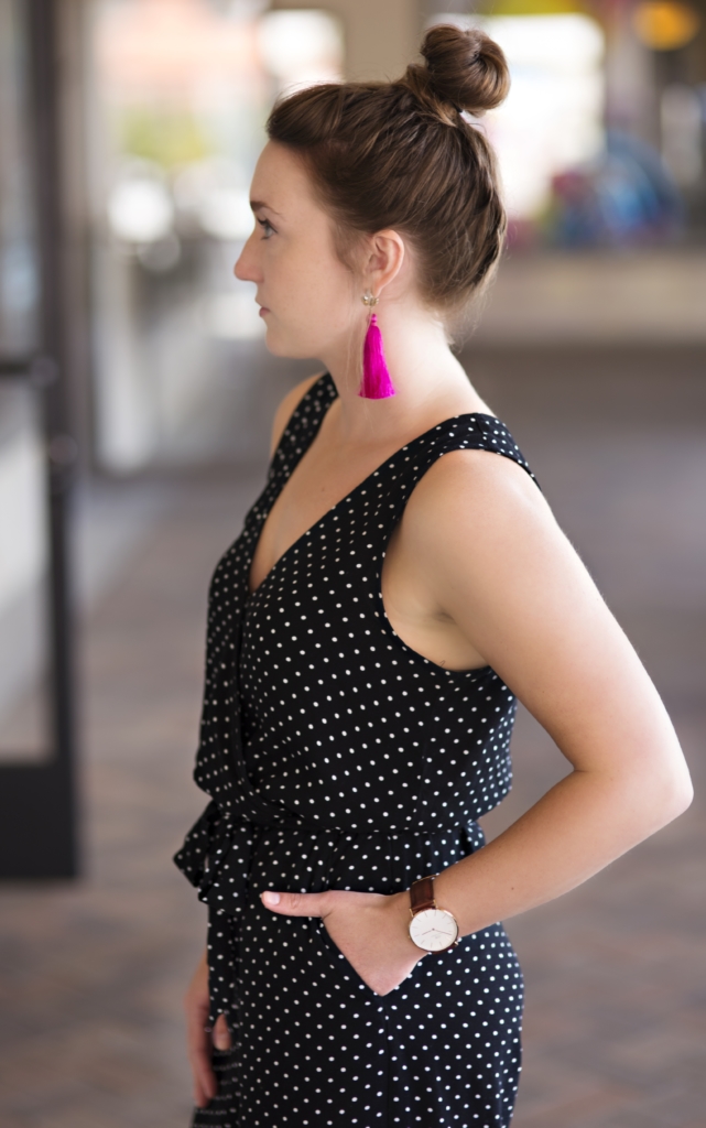 Who what Wear collection Polka Dot Jumpsuit with Kate Spade Sneakers and Tassel Earrings