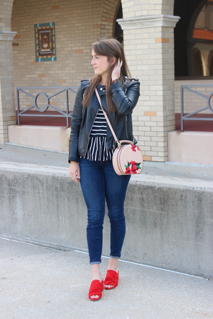 Red Mules with Skinny jeans, Leather Jacket, Striped Peplum and Zara Embroidered Purse 