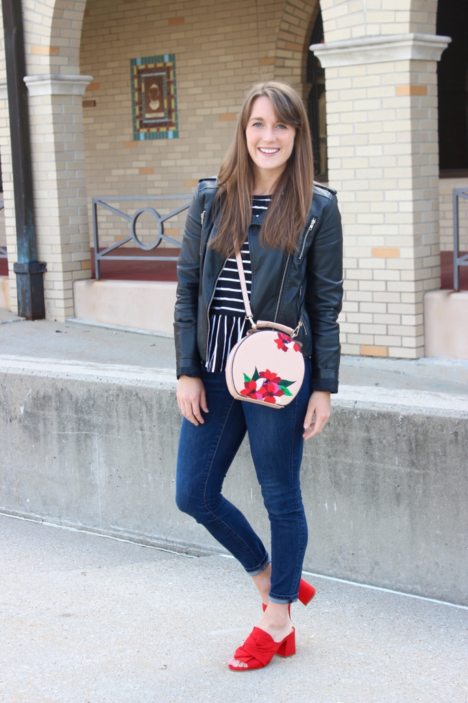 Red Mules with Skinny jeans, Leather Jacket, Striped Peplum and Zara Embroidered Purse 