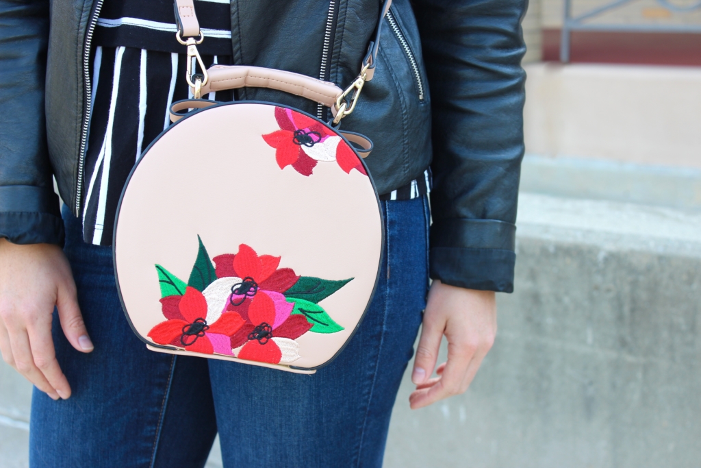 Zara Embroidered Purse with Skinny Jeans, Leather Jacket and Striped Peplum 