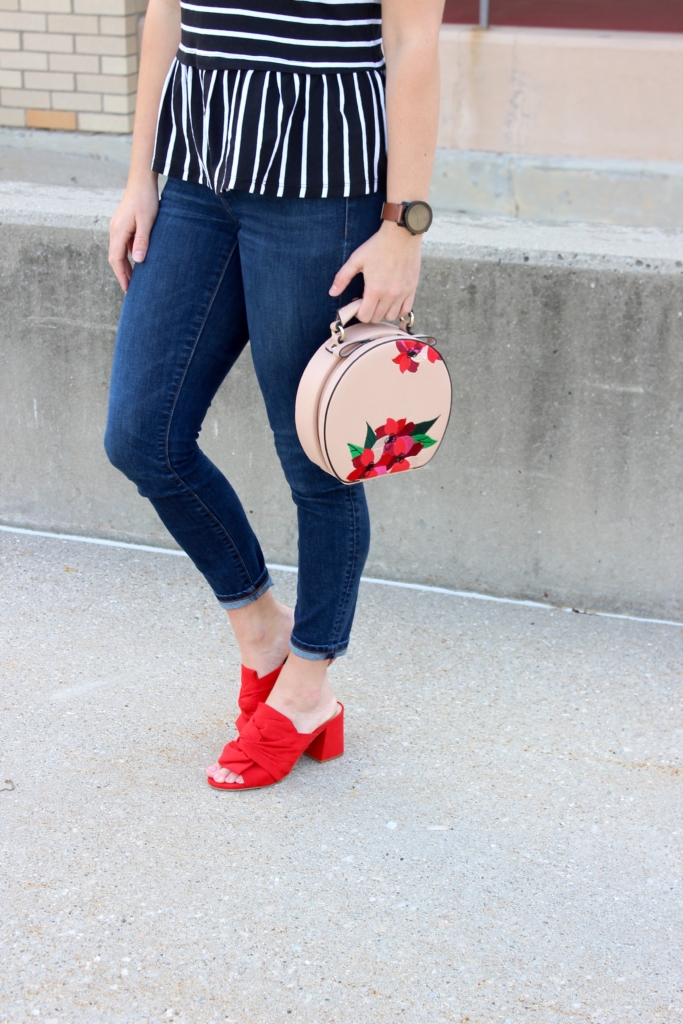 Red Mules with Skinny jeans, Leather Jacket, Striped Peplum and Zara Embroidered Purse 