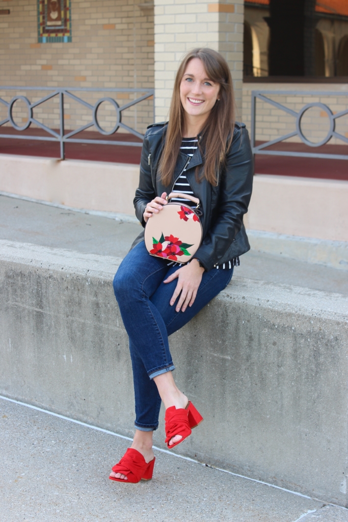 Red Mules with Skinny jeans, Leather Jacket, Striped Peplum and Zara Embroidered Purse 