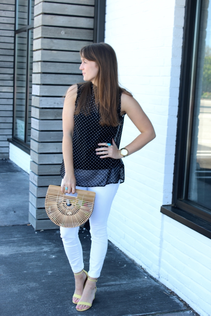 Who What Wear Collection Top with Cult Gaia Small Ark Bag, White Jeans, Steve Madden Sandals and Crown Jewelry Ring 