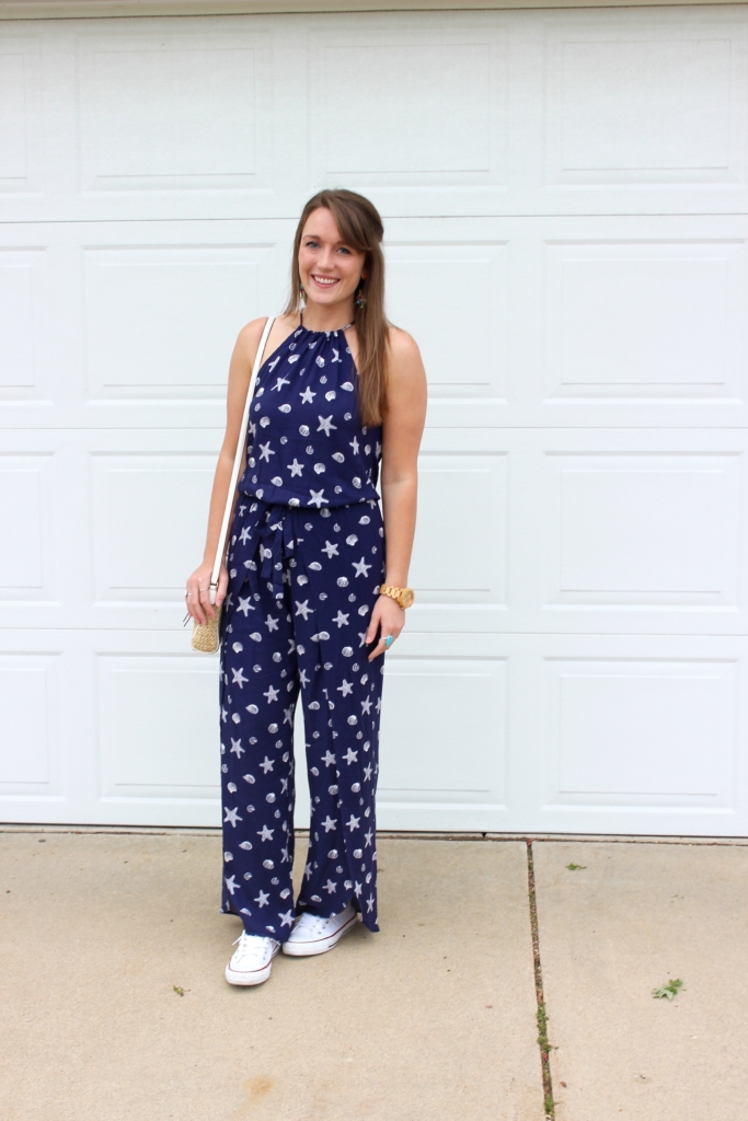 Mimi Chica Shell Print Jumpsuit with white Converse, Kate Spade Purse and BaubleBar Earrings