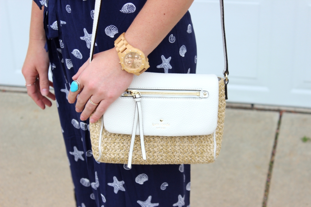 Kate Spade cross body with Shell print jumpsuit and JORD wooden watch