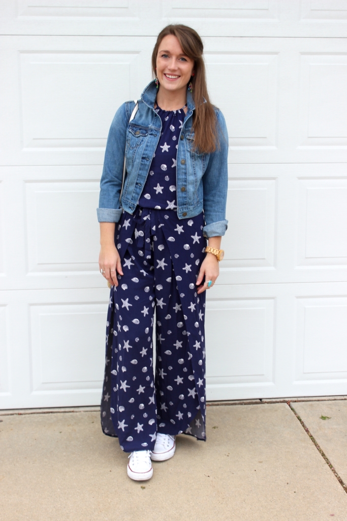 Mimi Chica Shell Print Jumpsuit with white Converse, Denim Jacket and BaubleBar Earrings