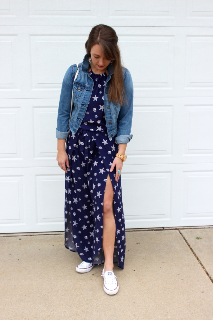 Mimi Chica Shell Print Jumpsuit with white Converse, Denim Jacket and BaubleBar Earrings