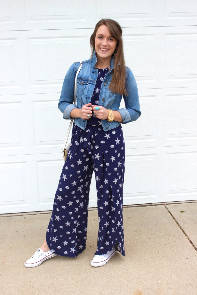 Mimi Chica Shell Print Jumpsuit with white Converse, Denim Jacket and BaubleBar Earrings