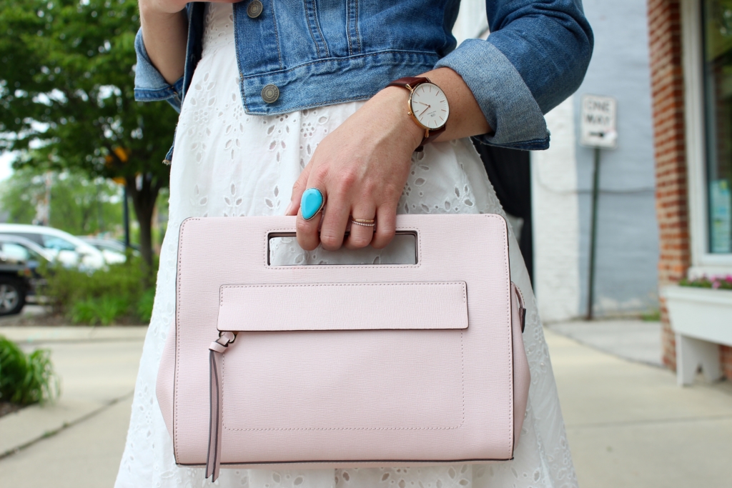 Old Navy White Eyelet Dress with Denim Jacket, Coach Clutch and Daniel Wellington Watch