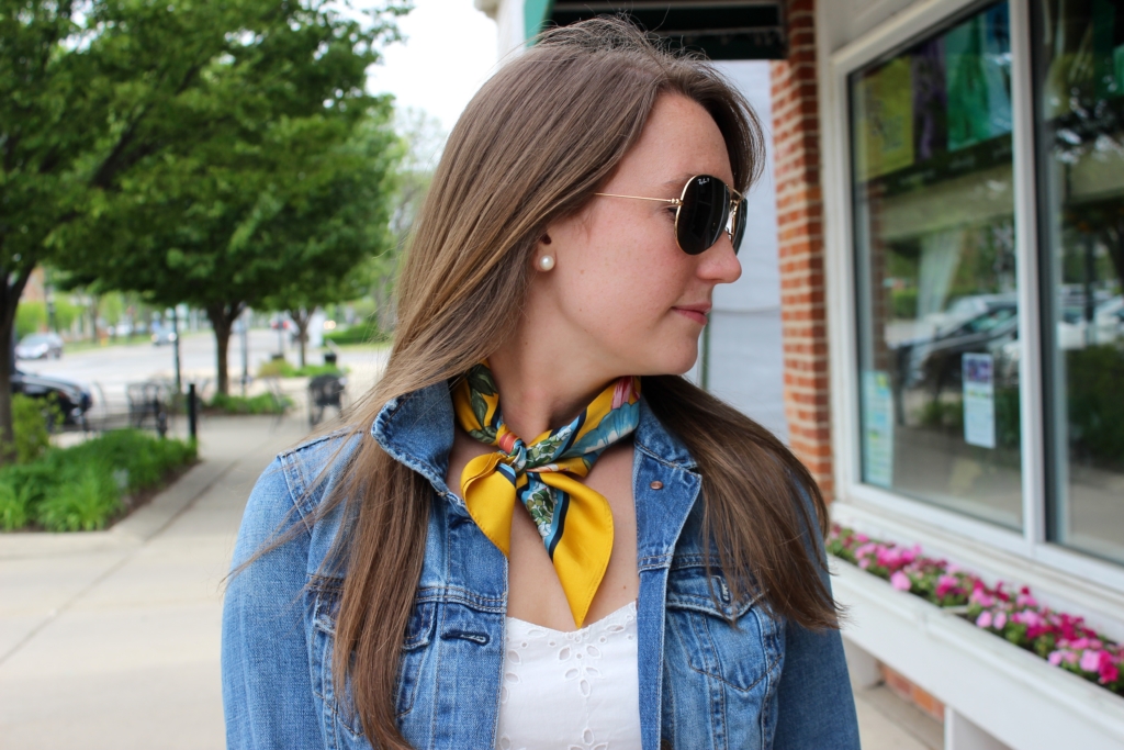 Old Navy White Eyelet Dress with Denim Jacket, Coach Clutch and Silk Neck Scarf